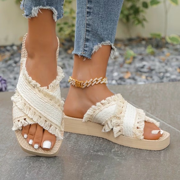 Shoes - Fringed Crisscross Platform Slide Sandals in Cream